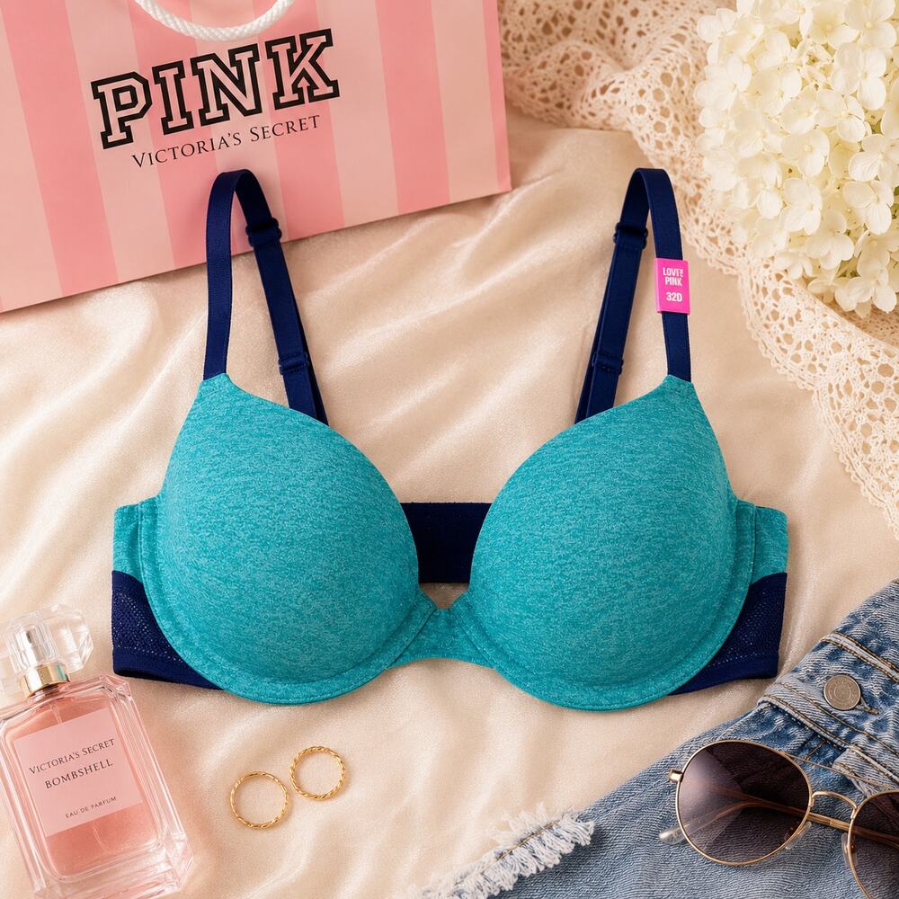 Victoria's Secret Pink Wear Everything Underwire Demi Bra Turquoise Navy 32D NWT